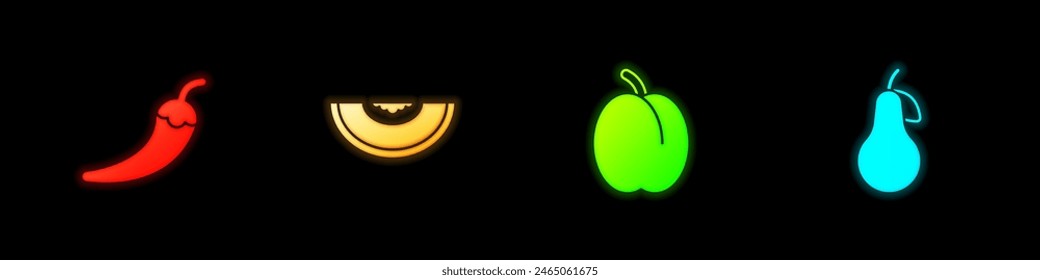 Set Hot chili pepper pod, Melon fruit, Plum and Pear icon. Vector