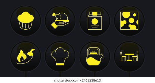 Set Hot chili pepper pod, Cheese, Chef hat, Kettle with handle, Online ordering delivery, Roasted turkey chicken, Wooden table chair and Cupcake icon. Vector