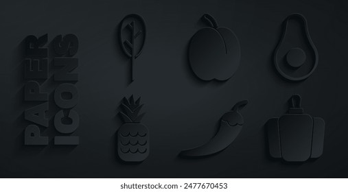 Set Hot chili pepper pod, Avocado fruit, Pineapple, Bell, Plum and Spinach icon. Vector