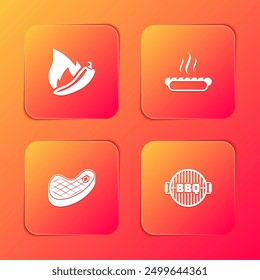 Set Hot chili pepper pod, Hotdog sandwich, Steak meat and Barbecue grill icon. Vector