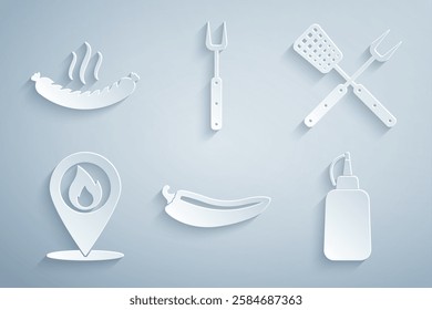 Set Hot chili pepper pod, Crossed fork and spatula, Location with fire flame, Mustard bottle, Barbecue and Sausage icon. Vector