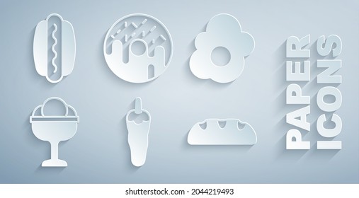 Set Hot chili pepper, Scrambled egg, Ice cream in the bowl, Bread loaf, Donut and Hotdog icon. Vector