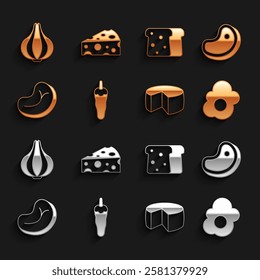 Set Hot chili pepper, Steak meat, Scrambled egg, Cheese, Bread toast, Garlic and  icon. Vector