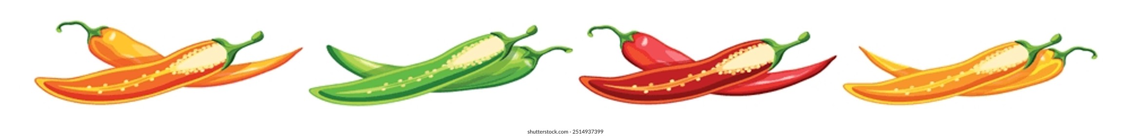 Set of hot chili peppers in cartoon style. Vector illustration of colored chili peppers, whole and half with seeds: orange, green, red, yellow isolated on a white background.