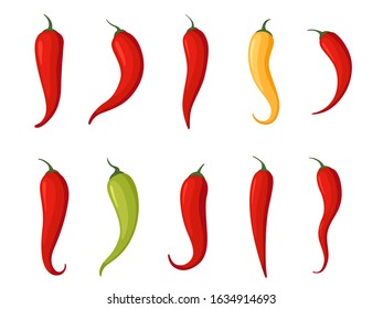 Set of hot chili peppers of different colors and shapes. Spicy food ingredient.