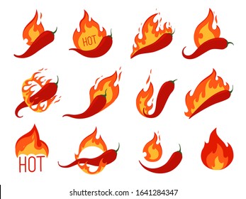 Set of hot chili peppers on fire. Icons for spicy pepper food