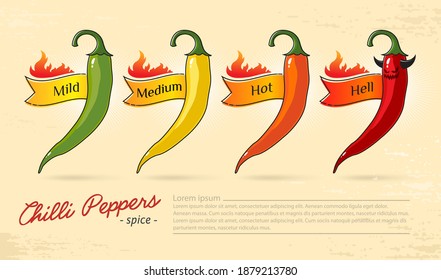 Set of hot chili peppers, with space for text. Red, orange, yellow and green chili peppers