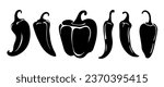 Set of  hot chili silhouette peppers, isolated 