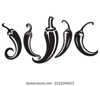 Set of hot chili silhouette peppers, isolated