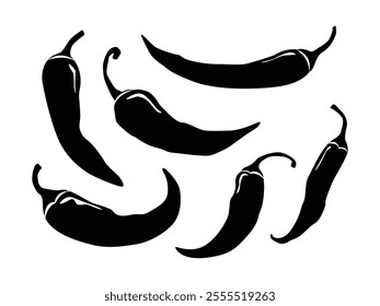 Set of hot chili silhouette peppers, isolated on white background.