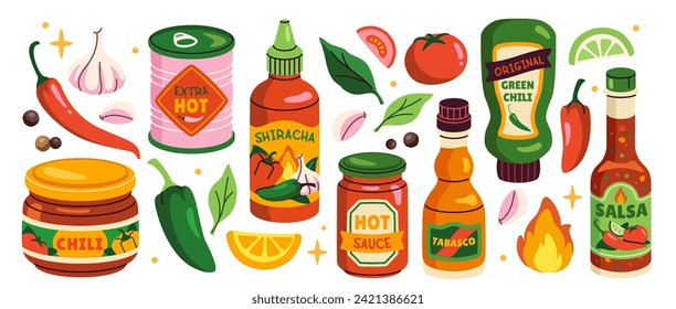 Set of hot Chilli sauces. Stickers with various cans and bottles of spicy dressings, Salsa, Tabasco, Shiracha. Different Hot Chili peppers. Cartoon flat vector collection isolated on white background