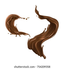 Set of hot chocolate, cacao or coffee splash realistic vector illustration isolated on white background. Appetizing liquid dessert product splashing design element for sweet beverage or drink ad