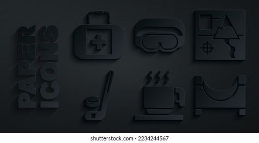 Set Hot chocolate cup, Folded map, Ice hockey stick and puck, Skate park, Ski goggles and First aid kit icon. Vector