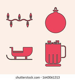 Set Hot chocolate cup with marshmallows, Christmas lights, Christmas ball and Christmas santa claus sleigh icon. Vector