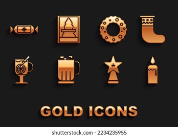 Set Hot chocolate cup with marshmallows, Christmas stocking, Burning candle candlestick, star, Mulled wine glass of drink, wreath, Candy and postcard icon. Vector