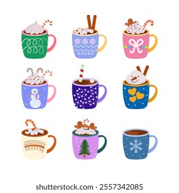 Set of hot chocolate cups for cozy winter element. Cartoon illustration for snowy season design. Cute mugs with Marshmallow, Gingerbread and Candy cane vector.