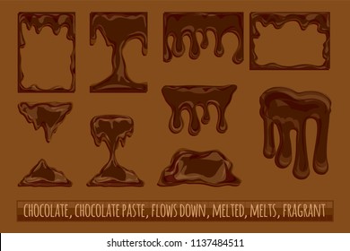 Set of hot chocolate drains, chocolate paste, drops, puddles, frames. Colorful hand drawn vector stock illustration.