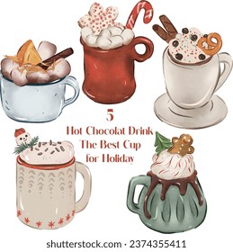 Set of Hot Chocolate Drink. Cup of Hot Cocoa for Holiday. Vector set on transparant Background