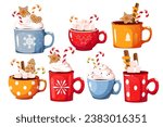 A set of hot chocolate in various mugs.Mug of hot chocolate, cocoa. Christmas drink with marshmallows, cinnamon, candies, gingerbread. Vector illustration.