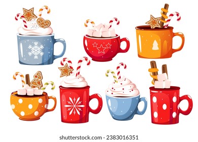 A set of hot chocolate in various mugs.Mug of hot chocolate, cocoa. Christmas drink with marshmallows, cinnamon, candies, gingerbread. Vector illustration.