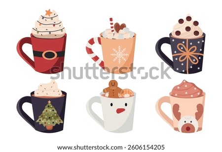 set of hot christmas drinks in christmas decorated cup. Hot chocolate, coffee, hot cream, milk, isolated on white background. Flat design vector
