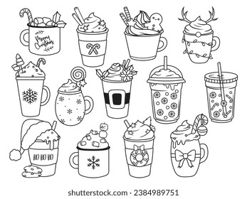 Set of hot Christmas and eggnog drinks. Collection of cute holiday beverages with lollipop, hot cocoa, coffee, milk foam, gingerbread. Cozy cups. New Year treats. Vector illustration of mugs for card.