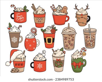 Set of hot Christmas and eggnog drinks. Collection of cute holiday beverages with lollipop, hot cocoa, coffee, milk foam, gingerbread. Cozy cups. New Year treats. Vector illustration of mugs for card.