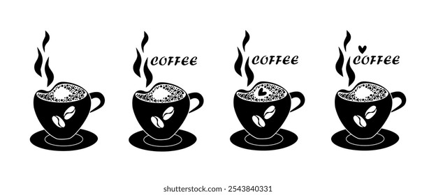 Set of hot coffee cup icons with foam - black and white illustration for menu design, stickers, cards