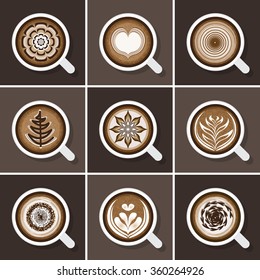 Set of hot coffee cup latte art with brown background.
