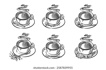 A set of hot coffee illustrations with cups in an elegant line art style. Perfect for cafe branding, menu designs, and digital content.