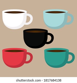 set of hot coffee mug icon illustration. white, blue, black, red and green colour.