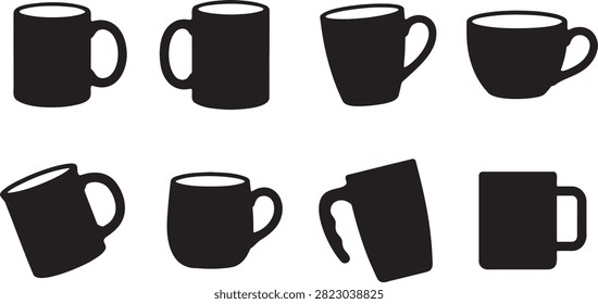 Set of hot coffee mug, tea cup, and ceramic drinkware silhouette icons