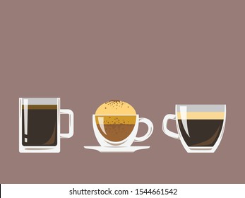 Set of hot coffee, three glasses of coffee. 