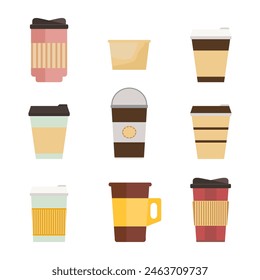 Set of hot and cold coffee cup icons Disposable coffee cups Coffee cup icon with different styles Vector illustration, easy to edit.