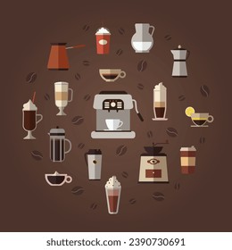 Set of hot and cold drinks. Collection of different coffee types and equipments. Cappuccino, latte and coffee with lemon. Coffee machine, mill, french press. Flat vector icon illustration isolated