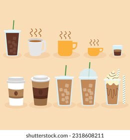 set of hot and cold ice coffee beverage. Vector flat illustration 