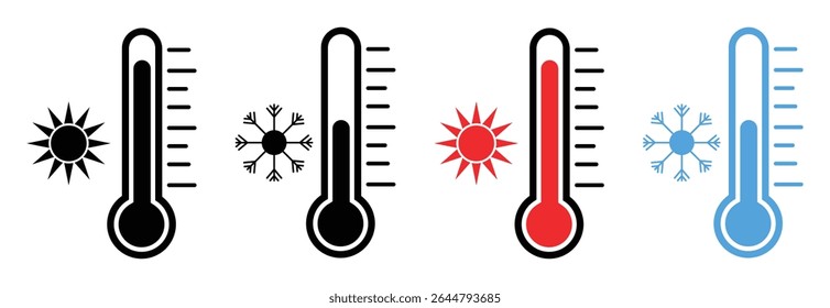 Conjunto de íconos calientes y fríos, termómetro e ícono de temperatura - símbolos climáticos calientes y fríos, Clima y Ilustración vectorial de control de calor"