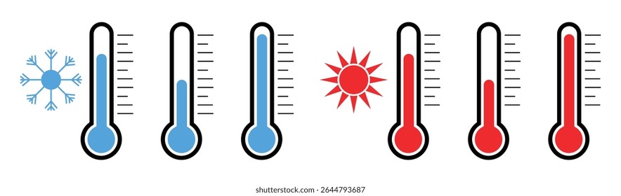 Set of hot and cold icon ,Thermometer and Temperature Icon Set – Hot and Cold Climate Symbols, Weather and Heat Control Vector Illustration"