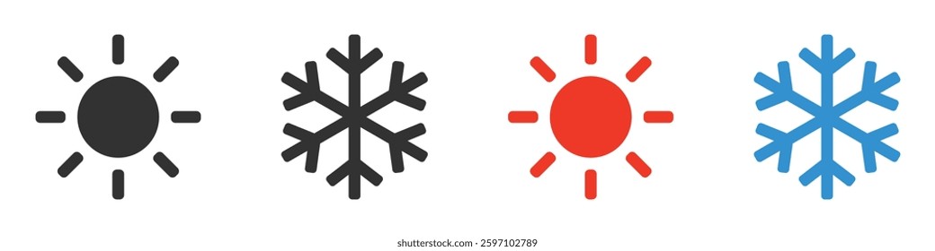Set of hot and cold icons. Sun and snowflake symbols, season, climate control. Vector. EPS10.