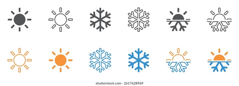 Set of hot and cold icons. Sun and snowflake symbols, season, climate control. Vector. EPS10.