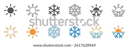Set of hot and cold icons. Sun and snowflake symbols, season, climate control. Vector. EPS10.
