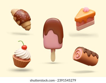 Set of hot and cold sweets. Realistic popsicle with topping, cupcake with cherry, croissant, piece of cake, Swiss roll. Creative illustrations in cartoon style