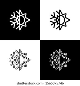 Set Hot and cold symbol. Sun and snowflake icon isolated on black and white background. Winter and summer symbol.  Vector Illustration