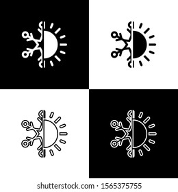 Set Hot and cold symbol. Sun and snowflake icon isolated on black and white background. Winter and summer symbol.  Vector Illustration