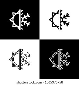 Set Hot and cold symbol. Sun and snowflake icon isolated on black and white background. Winter and summer symbol.  Vector Illustration
