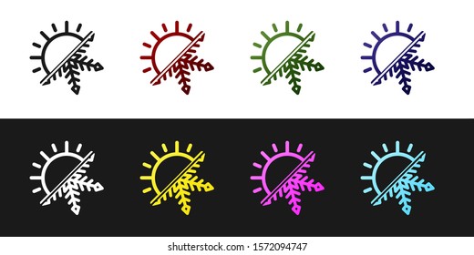 Set Hot and cold symbol. Sun and snowflake icon isolated on black and white background. Winter and summer symbol.  Vector Illustration