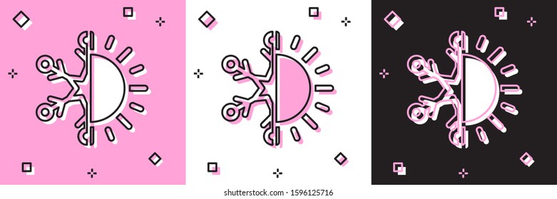 Set Hot and cold symbol. Sun and snowflake icon isolated on pink and white, black background. Winter and summer symbol.  Vector Illustration