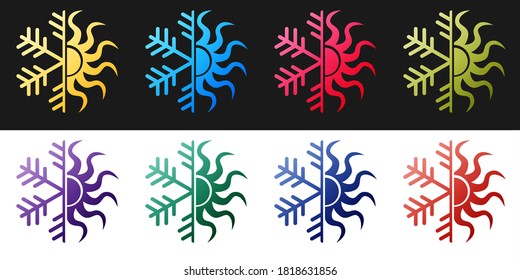 Fijar el símbolo Hot and Frío. Icono de sol y copo de nieve aislado en fondo blanco y negro. Símbolo de invierno y verano. Vector.