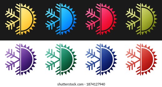 Fijar el símbolo Hot and Frío. Icono de sol y copo de nieve aislado en fondo blanco y negro. Símbolo de invierno y verano. Vector.