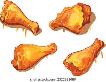 set of hot and crispy chicken leg pieces illustration, set of fried chicken pieces illustration